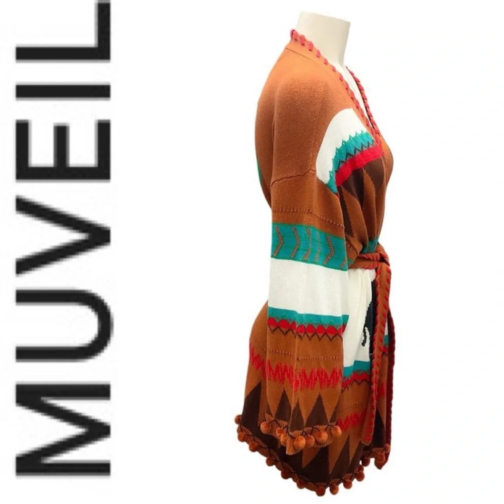 NWOT MUVEIL Western Brown multi Belted Cardigan 38 - Picture 4 of 15